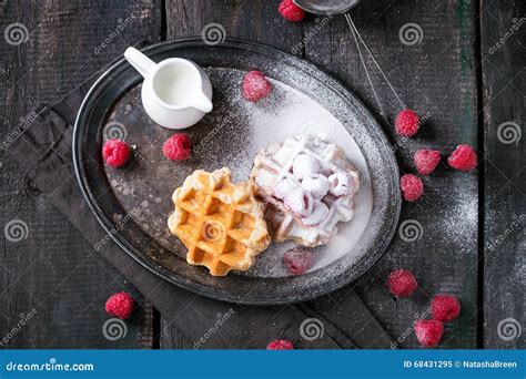 Belgian Waffles With Raspberries Stock Image Image Of Raspberry Milk