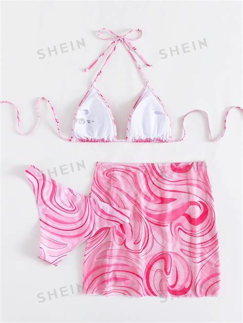 Shein X Hangout Fest Shein Swim 3pack Allover Print Halter Bikini