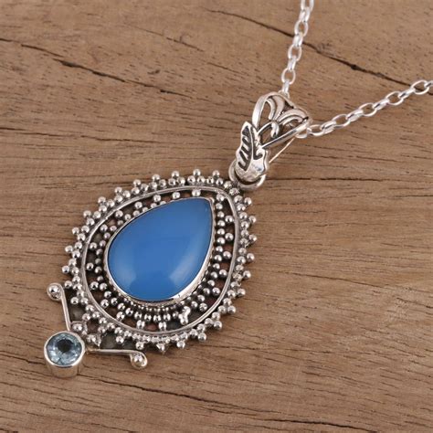 Unicef Market Handcrafted Blue Chalcedony Pendant Necklace From India