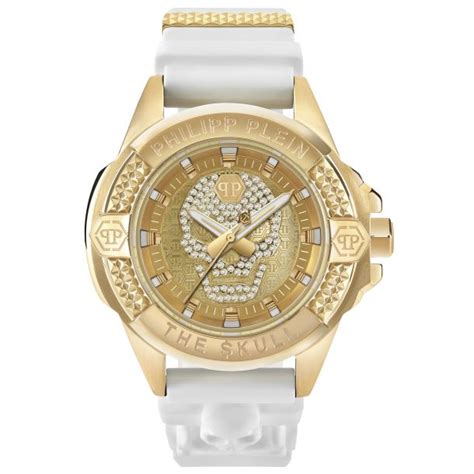 Mens Philipp Plein The Skull Titan Gold Ion Plated White Silicone