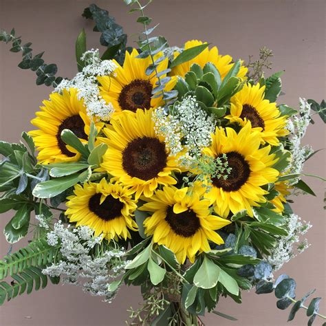 Beautiful Sunflower Bridal Bouquet With Spiral Eucalyptus Queen Annes Lace And Variegated