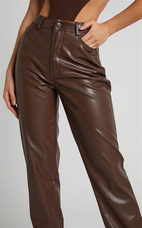 Dilyenne Mid Waist Straight Leg Faux Leather Pants In Chocolate Showpo