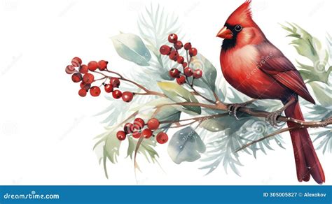 Watercolor Christmas Card With Cardinal Bird And Rowan Berries Hand