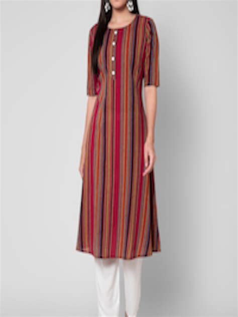 Buy Sanganeri Kurti Women Multicoloured Striped Panelled Beads And