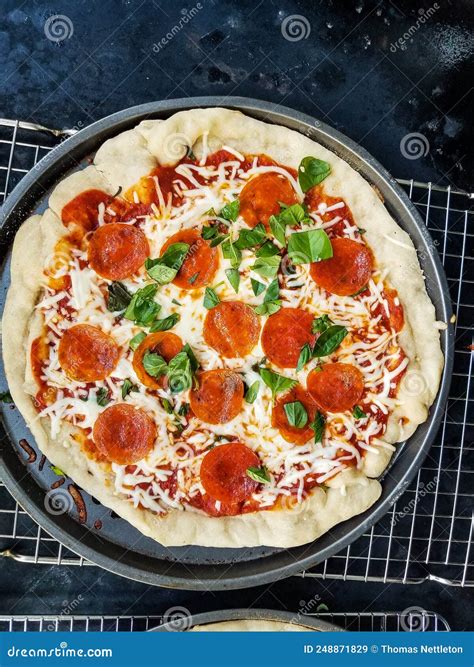 Overhead Shot Of Homemade Pepperoni Pizza With Basil And Mozzarella