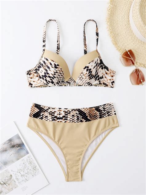 SHEIN Swim Vcay Snakeskin Print Push Up Bikini Swimsuit SHEIN USA