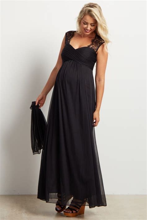 Black Lace Accent Chiffon Maternity Evening Gown Maternity Evening