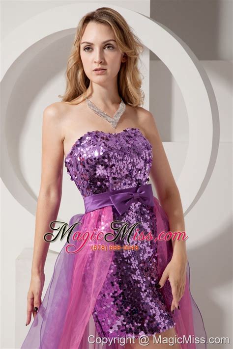 Purple And Pink Column Strapless Prom Dress High Low Sequin And Chiffon Us14826