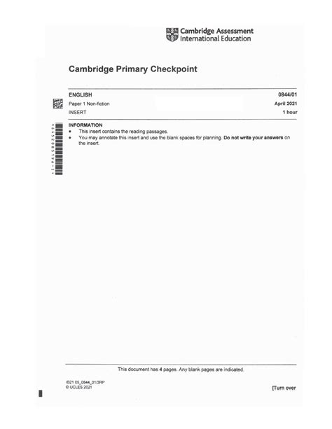 Cambridge Primary Checkpoint - English (0844) April 2021 Paper 1 Insert ...