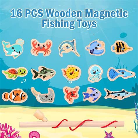 15Pcs Jeu de pêche magnétique Jouet de Canne à Pêche en Bois Jouets