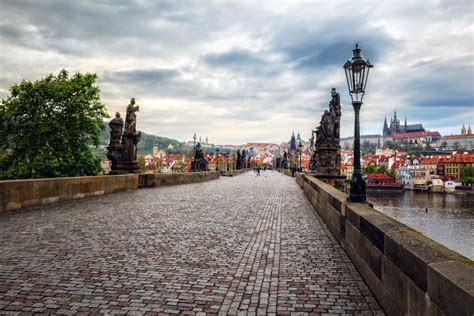 Panorama Of Charles Bridge And Prague Castle In The Early Morning Prague Czech Republic Stock