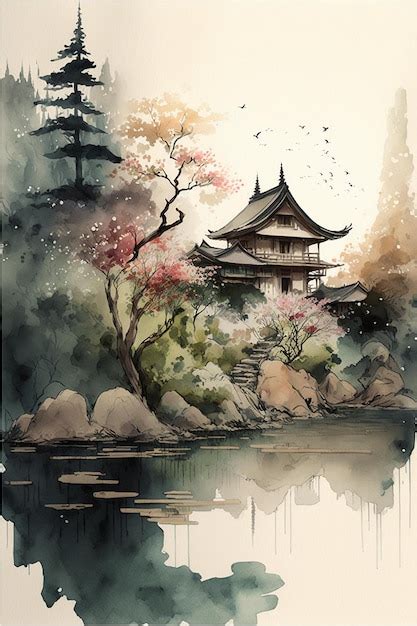 Uma pintura de um templo japonês uma árvore em primeiro plano e um