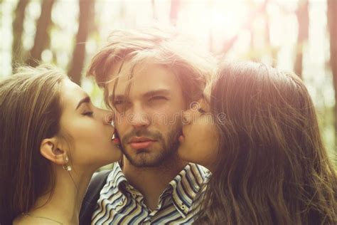 Girls Kissing Bearded Man Stock Image Image Of Lover 129773805