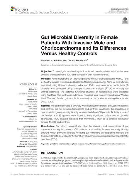 Pdf Gut Microbial Diversity In Female Patients With Invasive Mole And Choriocarcinoma And Its