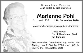 Traueranzeigen Von Marianne Pohl Allg Uer Zeitung