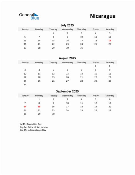 Q3 2025 Quarterly Calendar with Nicaragua Holidays (PDF, Excel, Word)