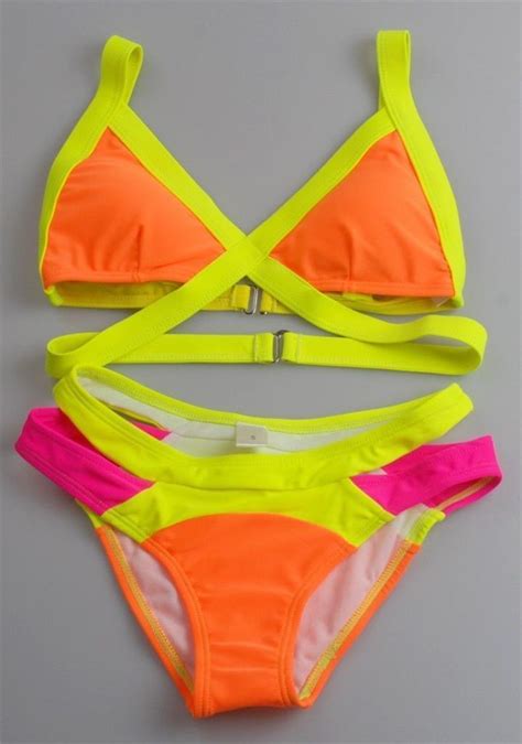 Women Lady Sexy Bandage Neon Bikini Set Padded Swimsuit Beachwear