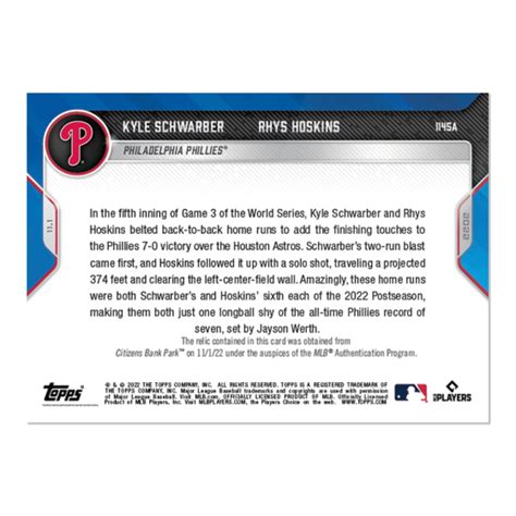 Game Used Base Relic 99 Kyle Schwarber Rhys Hoskins 2022 MLB TOPPS NOW