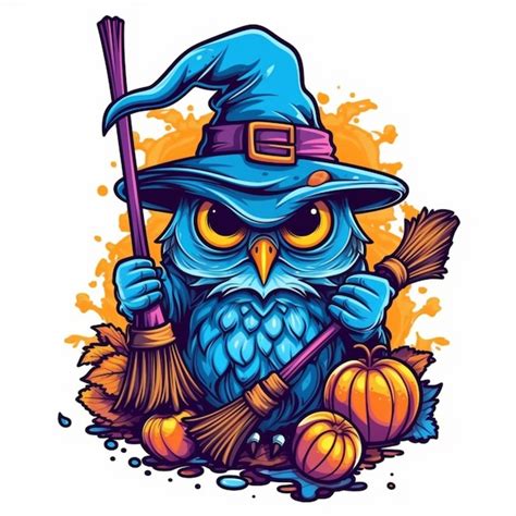 A Cartoon Owl Wearing A Witch Hat And Holding A Broom Generative Ai