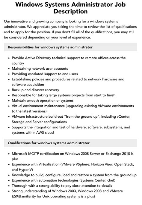 Windows Systems Administrator Job Description Velvet Jobs