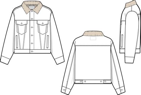 Men Unisex Cropped Sherpa Denim Jean Jacket Trucker Vector Flat Technical Drawing Illustration