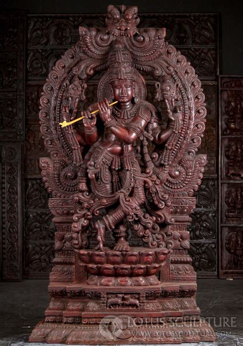 Large Wood Hoysala Style Gopal Krishna Statue Playing Flute With