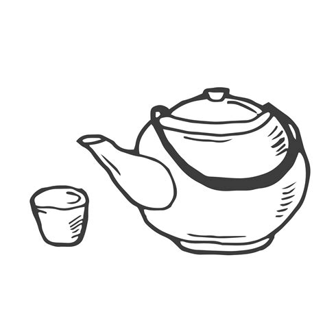 Doodle line drawing of oriental style tea pot with cup. Asian tea ...