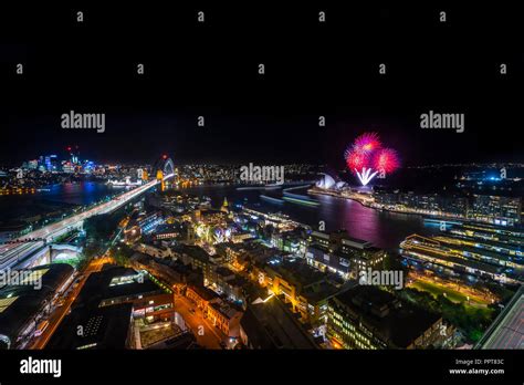 Sydney city skyline at night, aerial view with fireworks Stock Photo ...