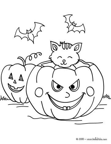 Pumpkin with bats and cats coloring pages - Hellokids.com