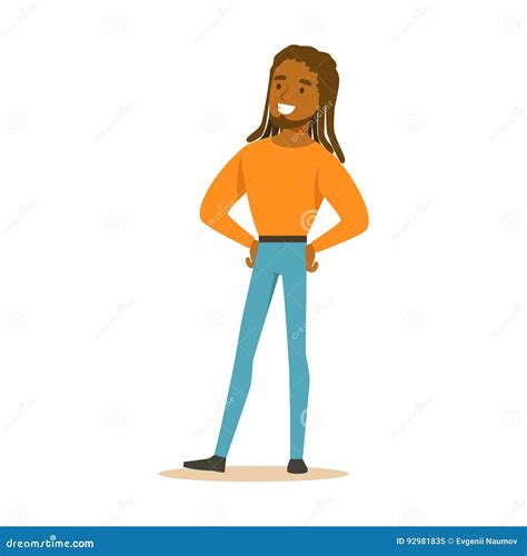 Smiling African American Man With Dreadlocks Standing Colorful Cartoon