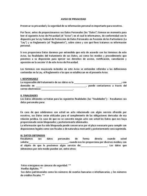 Formato De Aviso De Privacidad Privacidad De La Información Gobierno