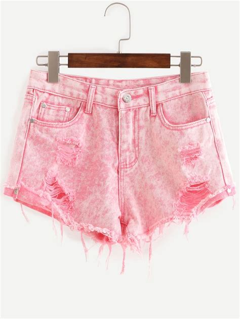 Ripped Raw Hem Denim Shorts Pink Pink Ripped Jeans Pink Denim