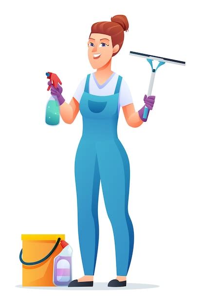 Premium Vector Cleaning Service Woman Holding Window Cleaning Tools Female Janitor Cartoon