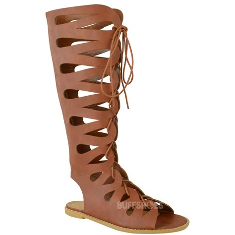 Womens Ladies Flat Knee High Gladiator Strappy Sandals Lace Up Summer