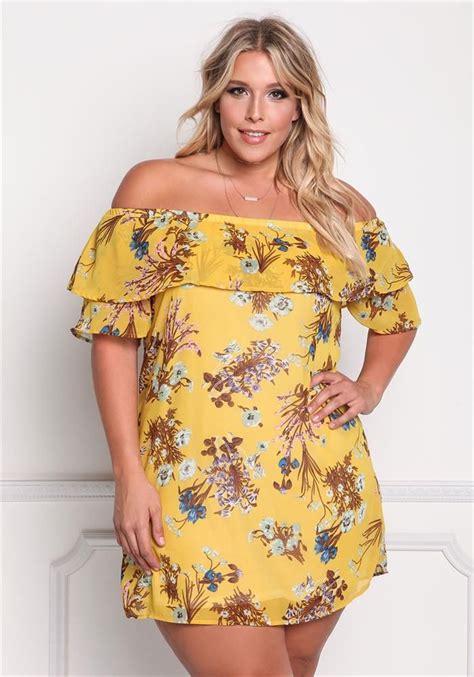 Plus Size Clothing Plus Size Floral Chiffon Off Shoulder Dress