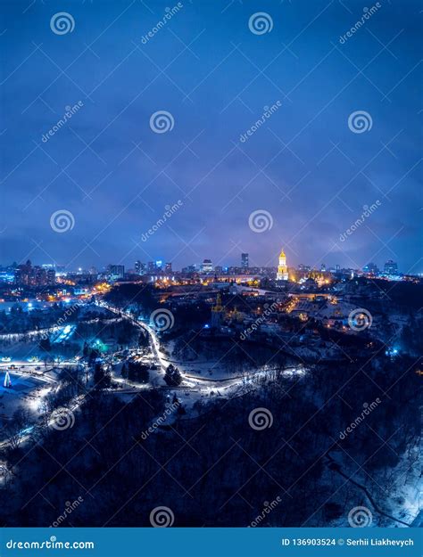 Spectacular Nighttime Skyline of a Big City at Night. Kiev, Ukraine