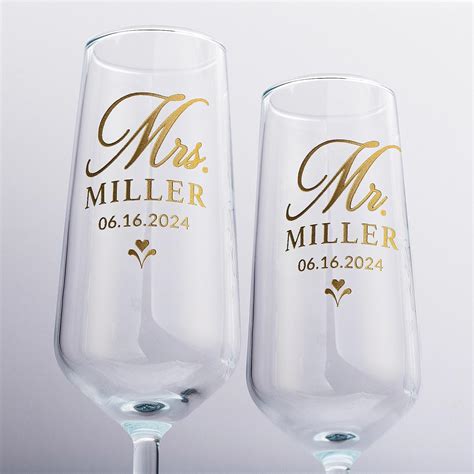 Personalized Mr And Mrs Wedding Champagne Flutes Sandblast Engraved Set Of 2 Glasses