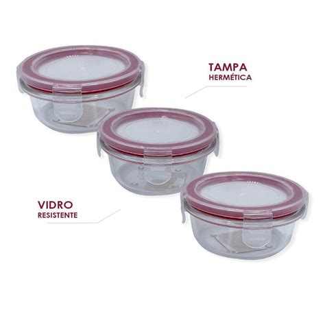 Conjunto 3 Potes de Vidro Tampa Hermética Redondo 150ml