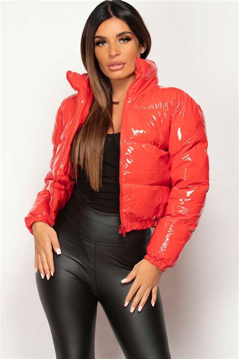 Womens Red Shiny Vinyl Puffer Jacket Cropped Uk