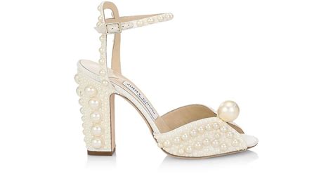 Jimmy Choo Sacaria Faux Pearl Embellished Satin Peep Toe Sandals In