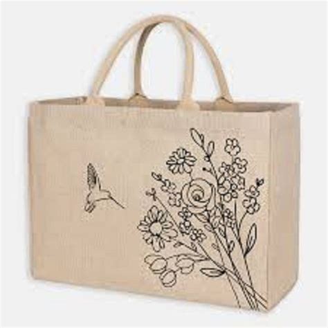 Cream Flower Design Burlap Tote Reusable Aesthetic Foldable Beach Jute