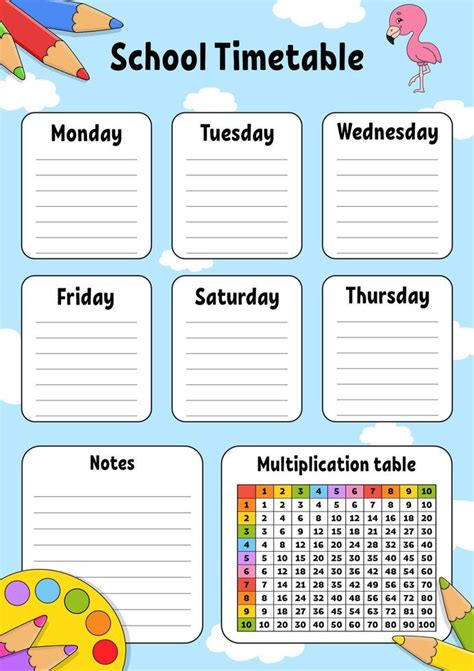 School timetable with multiplication table. 47489519 Vector Art at Vecteezy