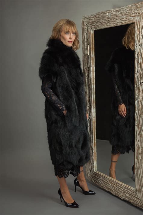 2in1 Long Black Fox Fur Coat Vest With Detachable Sleeves Handmade By