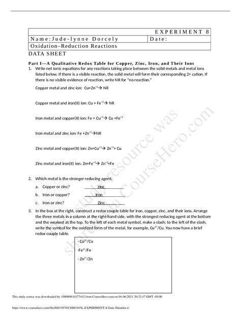 Chm1045l Experiment 8 Data Sheet Browsegrades