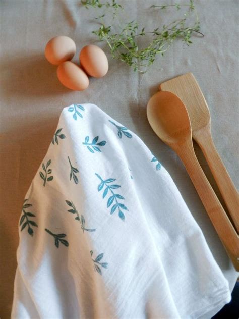 Botanical Flour Sack Dishcloth Teal Green Hand Printed Dish Towel