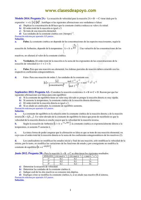 Cinetica Quimica Soluciones Selectividad Modelo Pregunta A