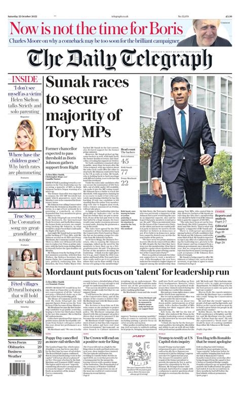 Tomorrows Papers Today On Twitter Saturdays Telegraph Sunak Races