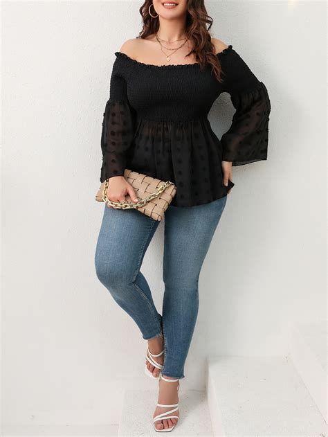 Shein Lune Plus Swiss Dot Off Shoulder Shirred Peplum Blouse Shein Usa