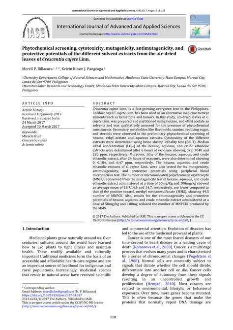 Pdf Phytochemical Screening Cytotoxicity Mutagenicity