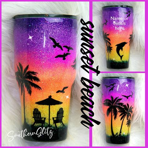 Beach Waves Sunset Tropical Ocean Custom Glitter Oz Tumbler Home